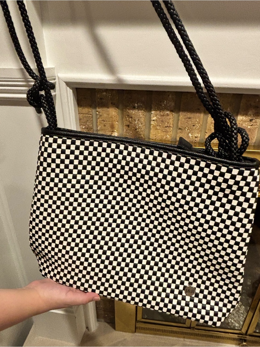 Checkerboard Woven Shoulder Bag in Black & White